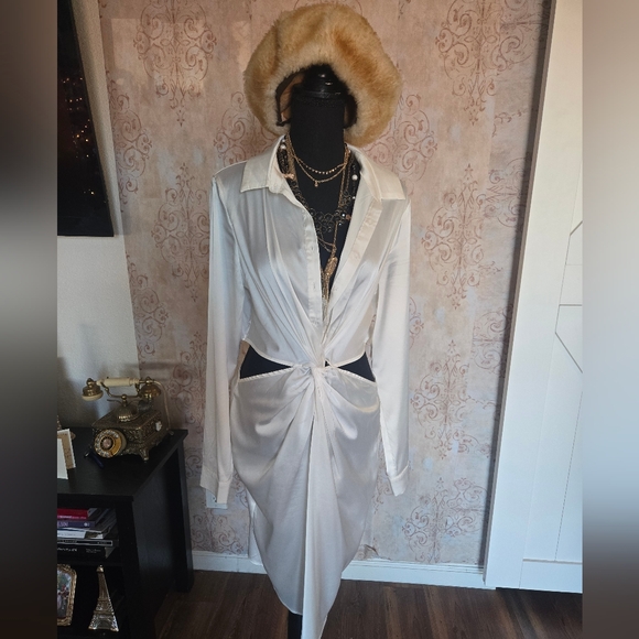 NASTY GAL Love Potion White Knot Button Closure Unlined Satin Dress- Size Large - Picture 8 of 11